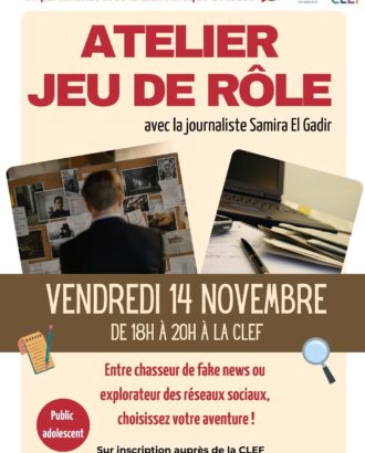 Affiche Atelier Jeu de rôle avec journaliste Samira El Gadir - novembre 2025